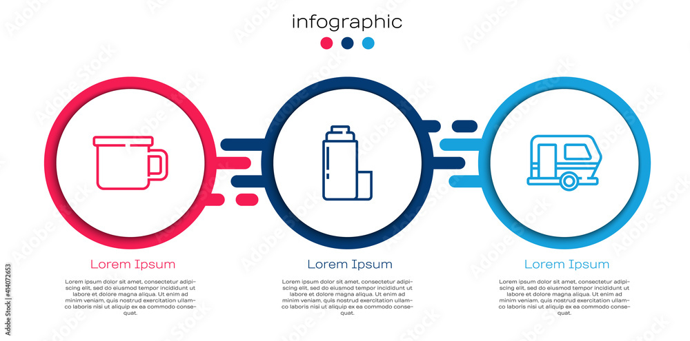 Set line Camping metal mug, Thermos container and Rv trailer. Business infographic template. Vector.