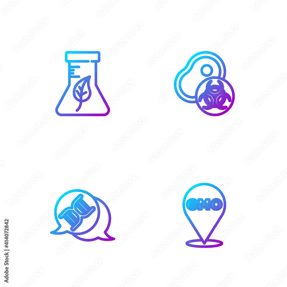 Set line GMO, DNA symbol, Test tube and flask and Genetically modified meat. Gradient color icons. V