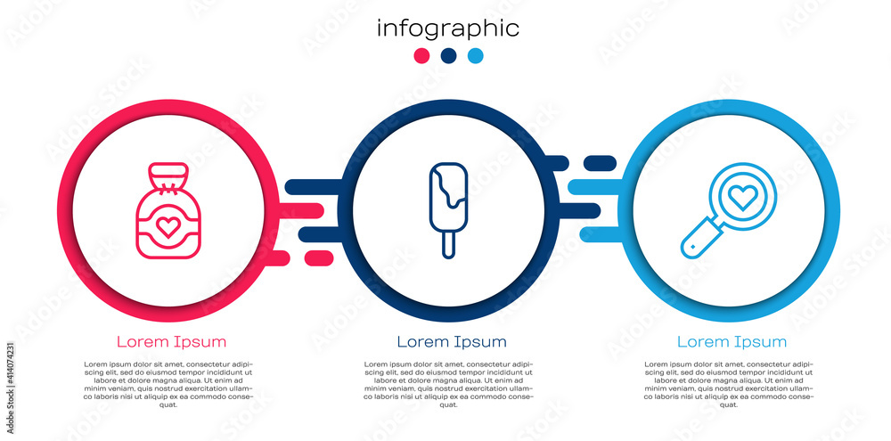 Set line Chocolate candy, Ice cream and Search heart love. Business infographic template. Vector.