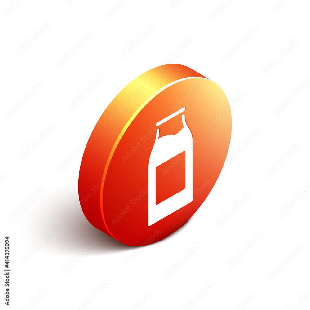 Isometric Closed glass bottle with milk icon isolated on white background. Orange circle button. Vec