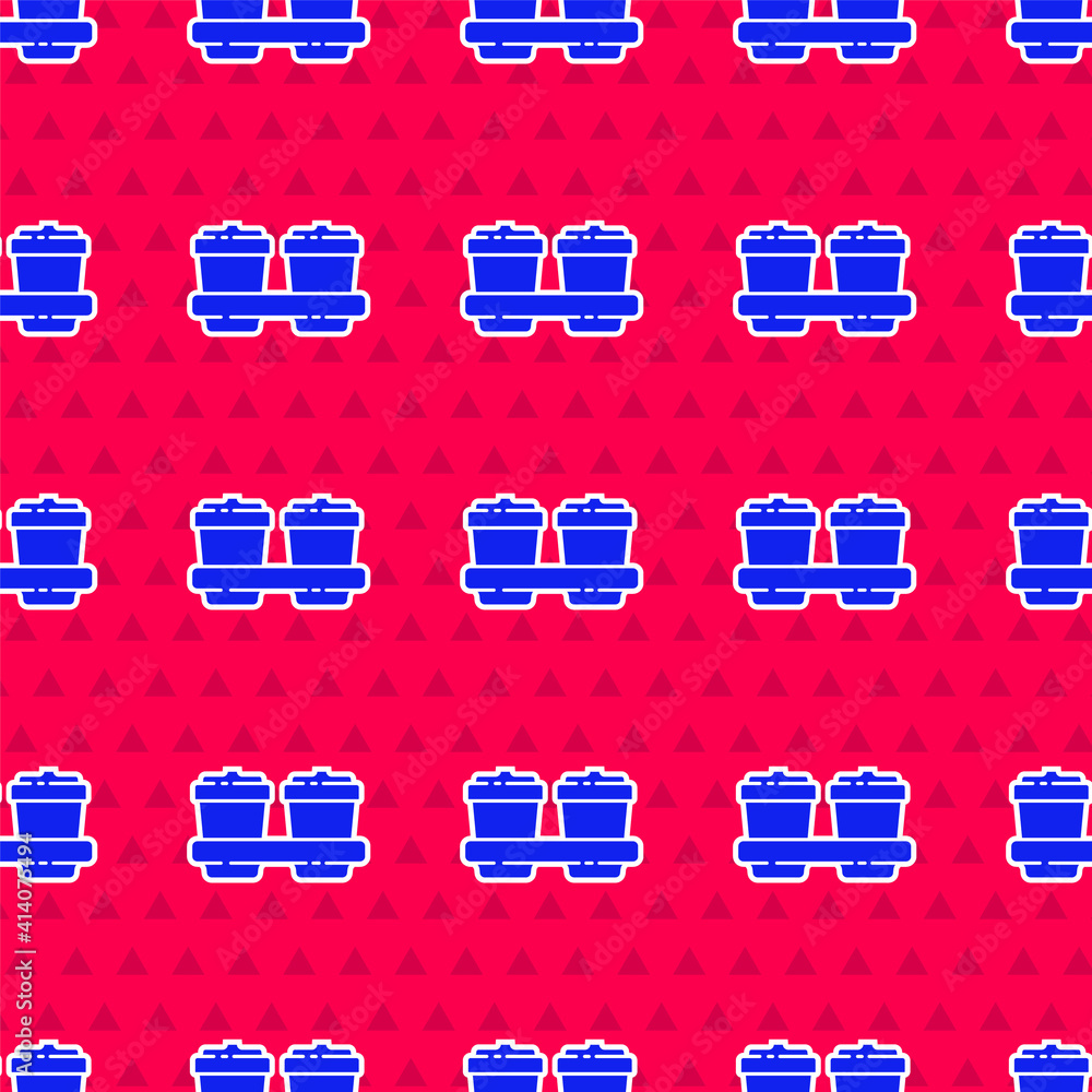 Blue Coffee cup to go icon isolated seamless pattern on red background. Vector Illustration.