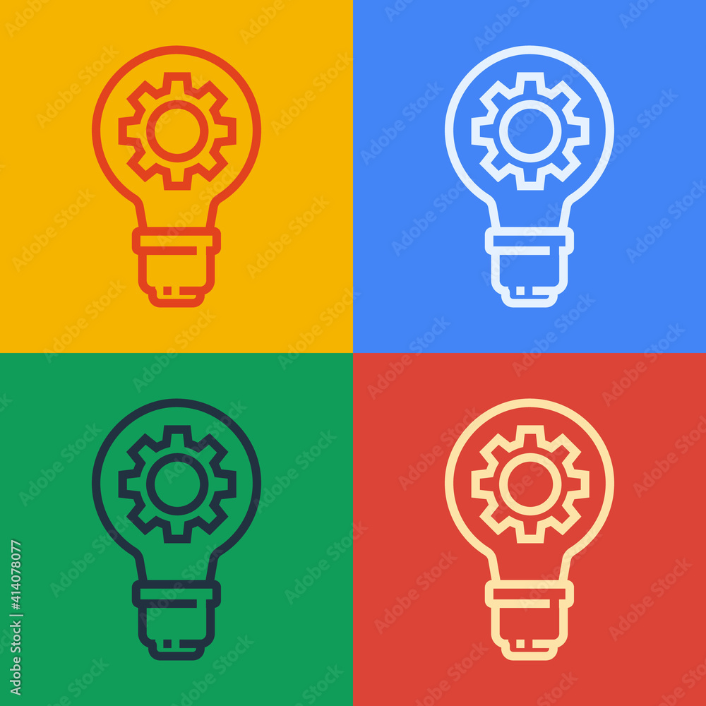 Pop art line Light bulb and gear icon isolated on color background. Innovation concept. Business ide