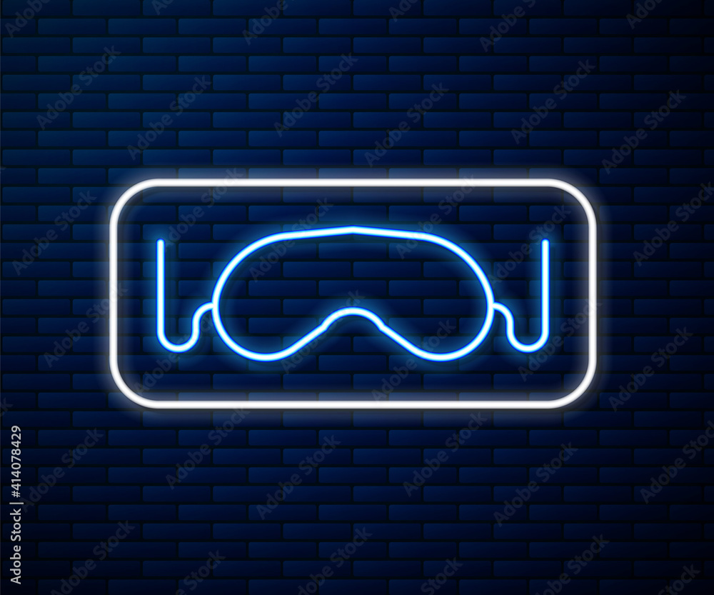 Glowing neon line Eye sleep mask icon isolated on brick wall background. Vector Illustration.