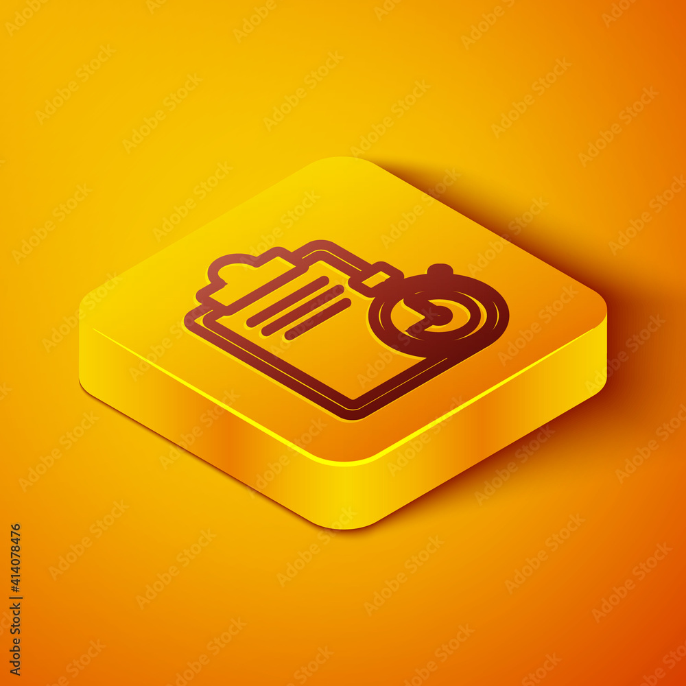 Isometric line Verification of delivery list clipboard icon isolated on orange background. Yellow sq