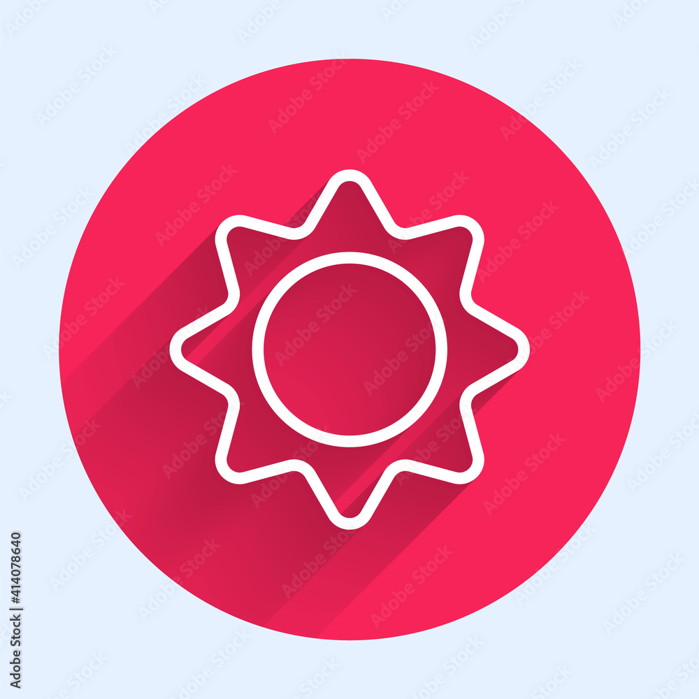 White line Sun icon isolated with long shadow. Summer symbol. Good sunny day. Red circle button. Vec