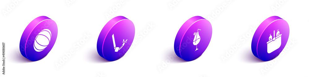 Set Isometric Beach ball, Snorkel, Cocktail and alcohol drink and Cooler bag and water icon. Vector.