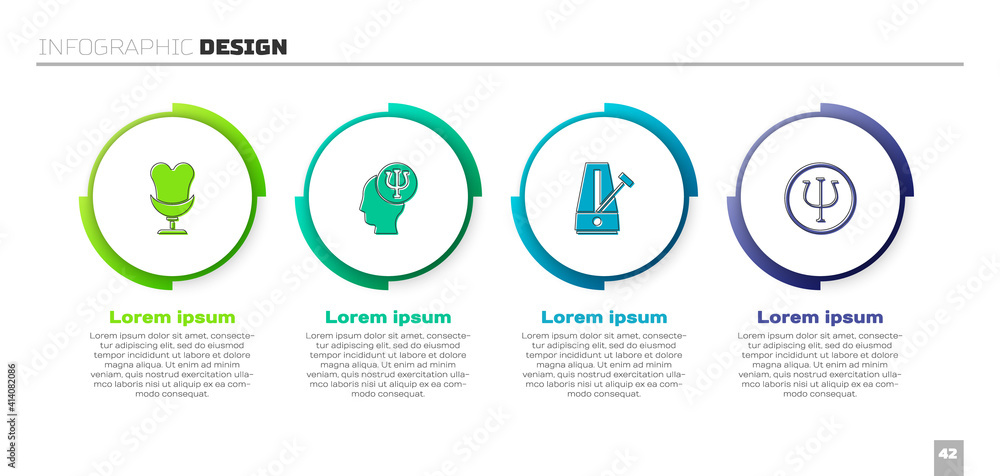 设置扶手椅、心理学、Psi、带钟摆的节拍器和。商业信息图模板。矢量。