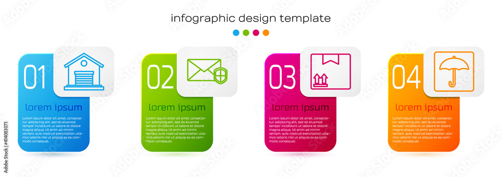 设线仓库、带盾牌的信封、带交通标志的纸板箱和雨伞。商务i