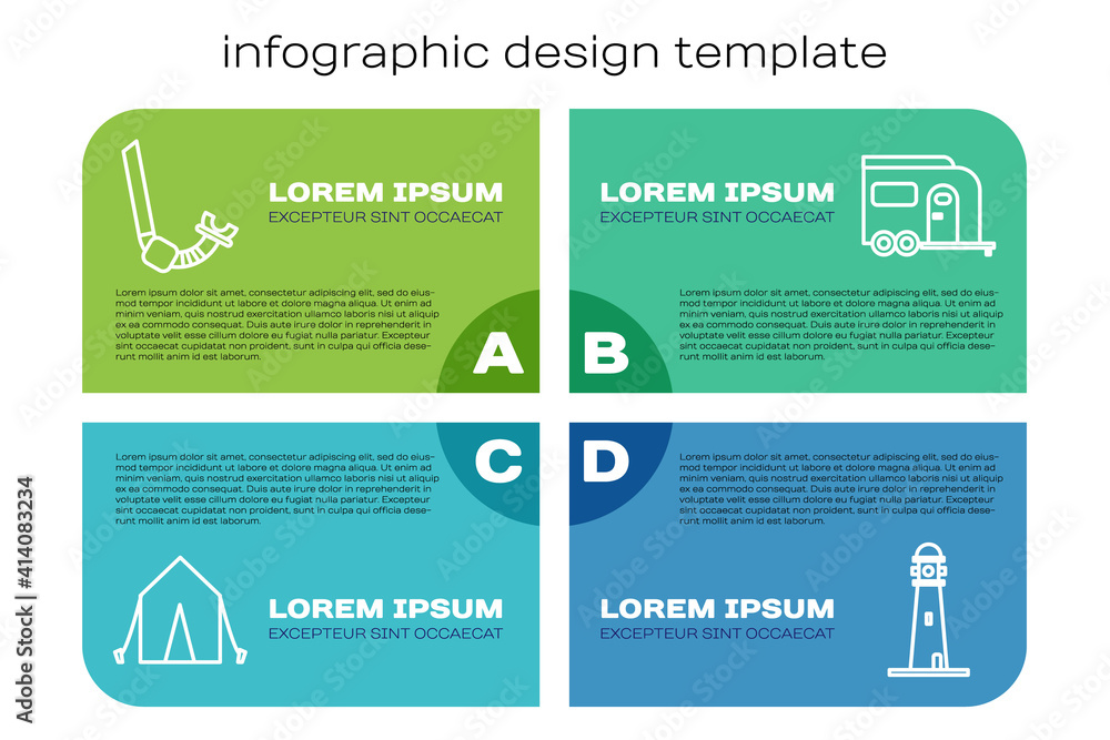 Set line Tourist tent, Snorkel, Lighthouse and Rv Camping trailer. Business infographic template. Ve