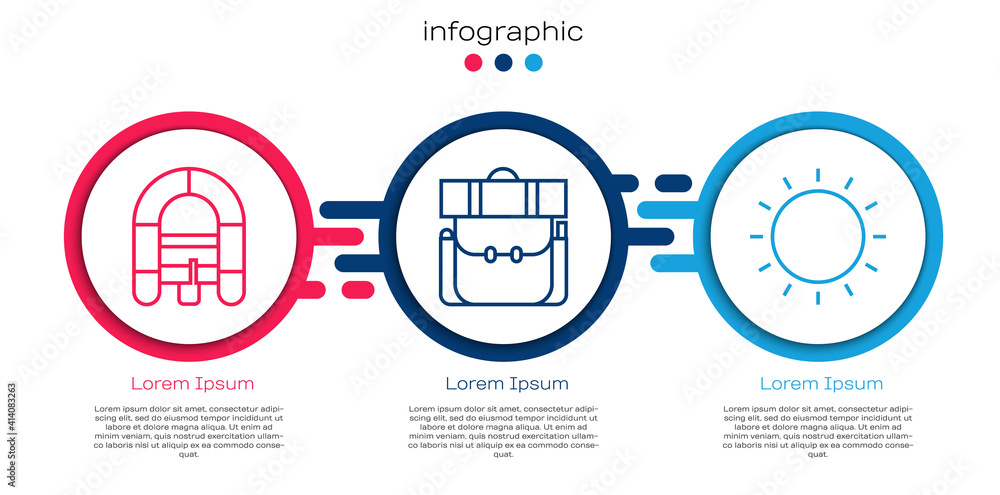 设置漂流船、徒步背包和太阳。商业信息图模板。矢量。