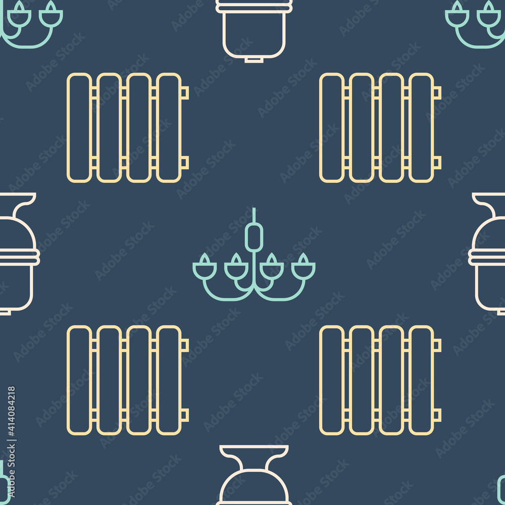 Set line Toilet bowl, Heating radiator and Chandelier on seamless pattern. Vector.