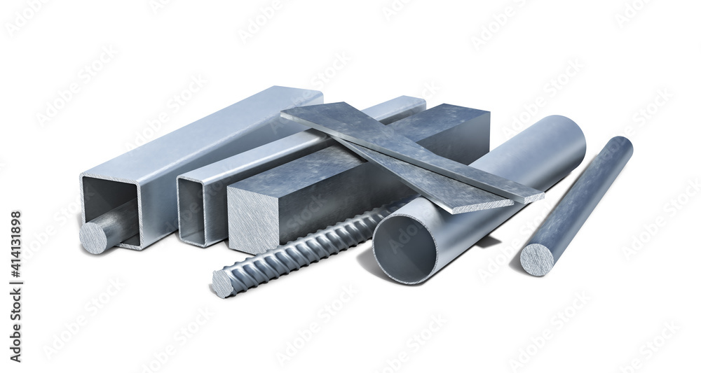 Set of short aluminium and metal shapes and tubes and rebar on a white background, 3d illustration