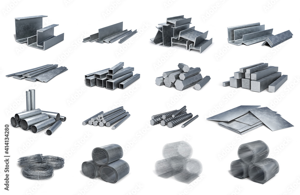 一套各种金属型材、形状、管、线、网，三维插图