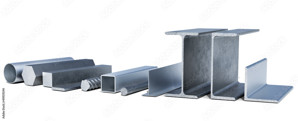 Lined up various aluminium and metal profiles, shapes and tubes, 3d illustration