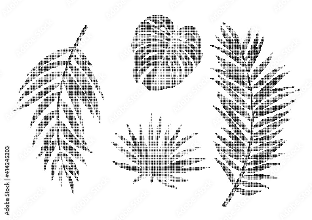 Dotted vibrant bold element of natural halftones palm leaves. Vector Illustration EPS10