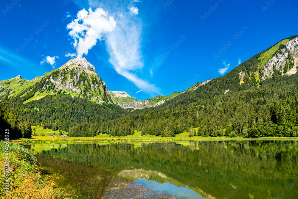 瑞士阿尔卑斯山Obersee湖的Brunnelistock山景观