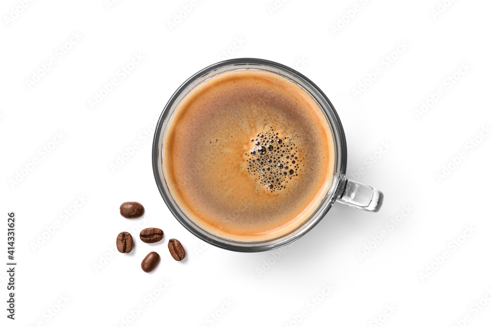 Top view of glass cup of espresso coffee and coffee beans isolated on white background