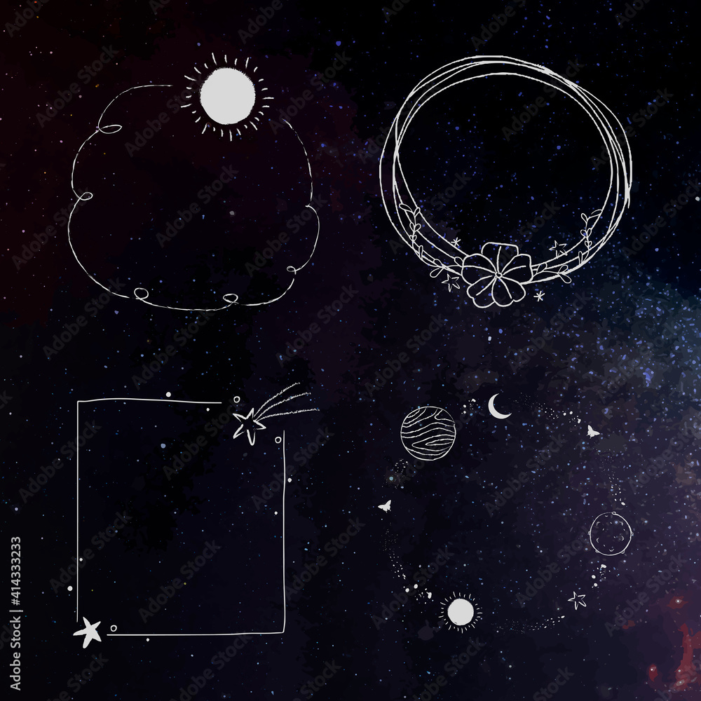 Minimal line art galaxy frame set vector