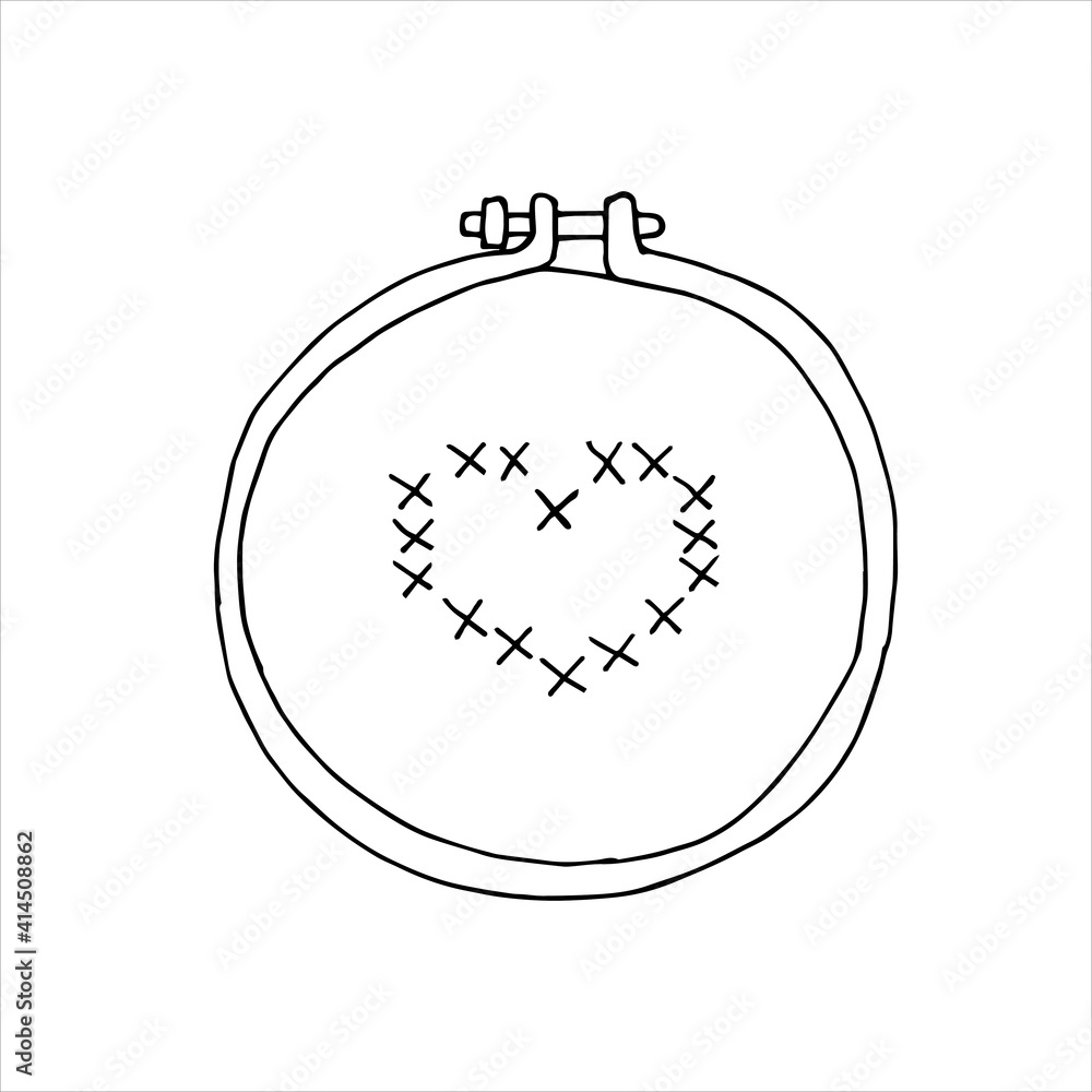 涂鸦风格矢量插图。简单图案圆形刺绣环。十字绣心。爱好