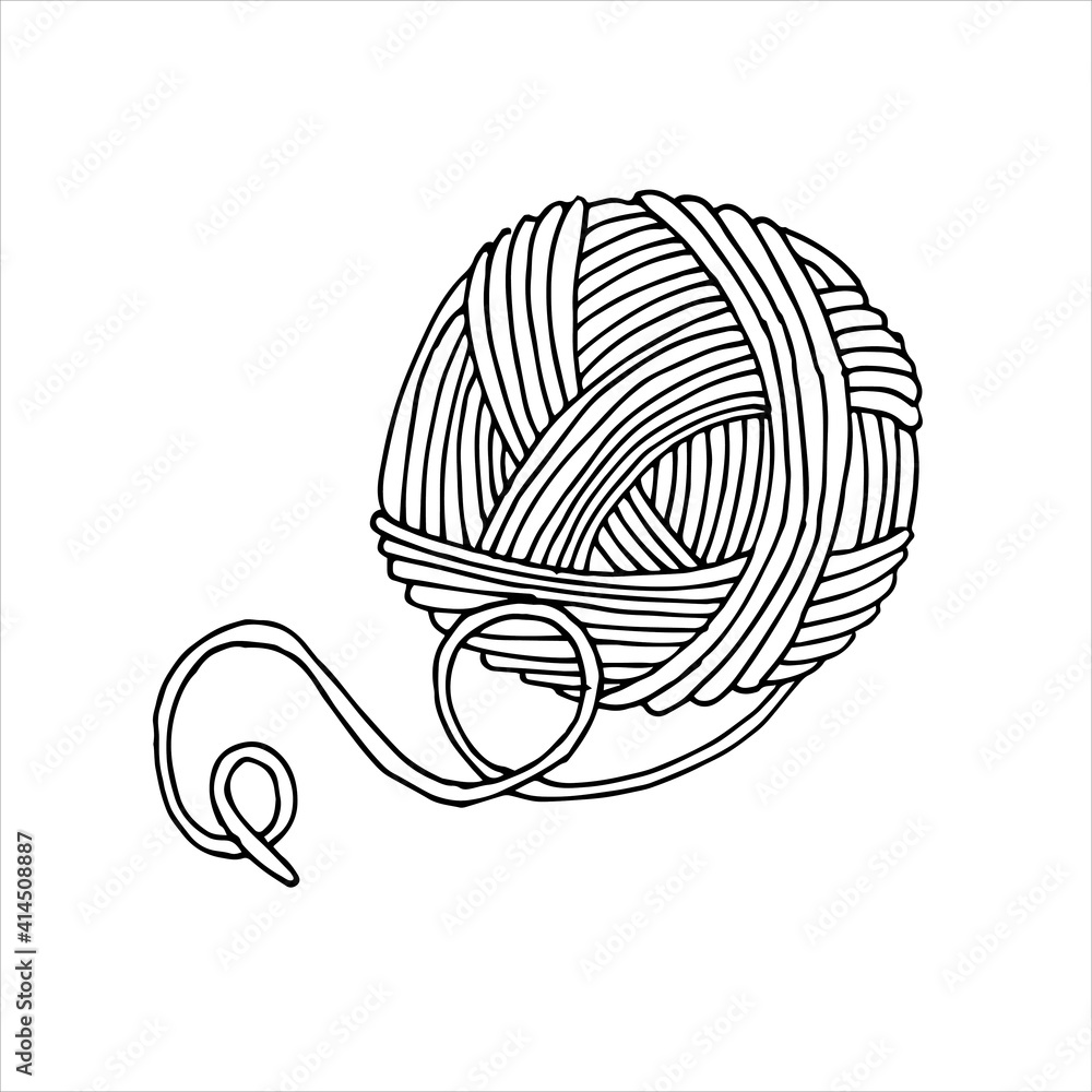 vector drawing in the style of doodle. a ball of yarn for knitting. wool in a skein, hobby logo, kni