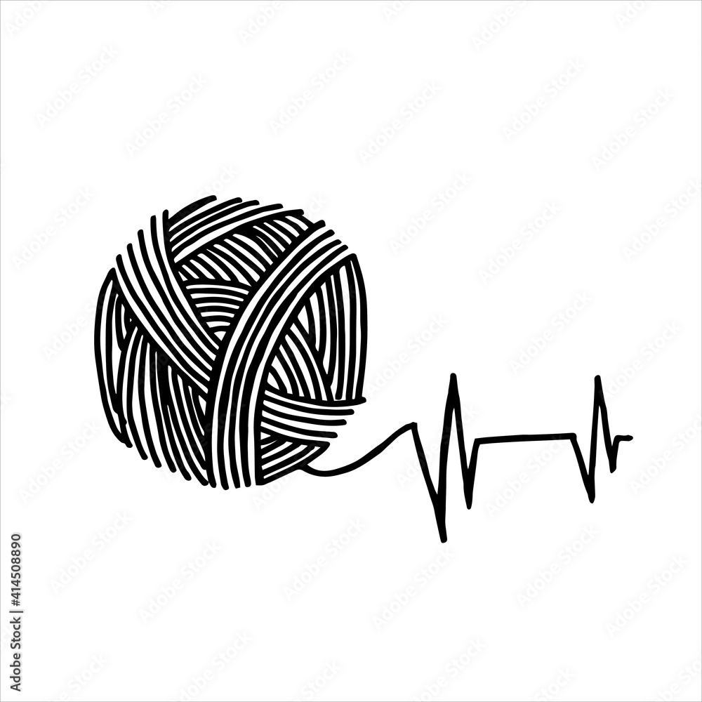 vector drawing in the style of doodle. a ball of yarn for knitting. wool in a skein, hobby logo, kni