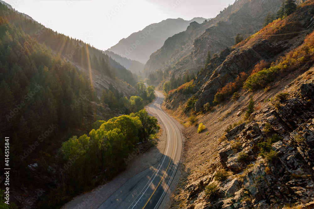 一条山路穿过一些美丽的风景