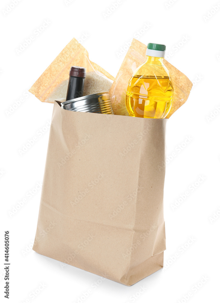 Bag with different products on white background