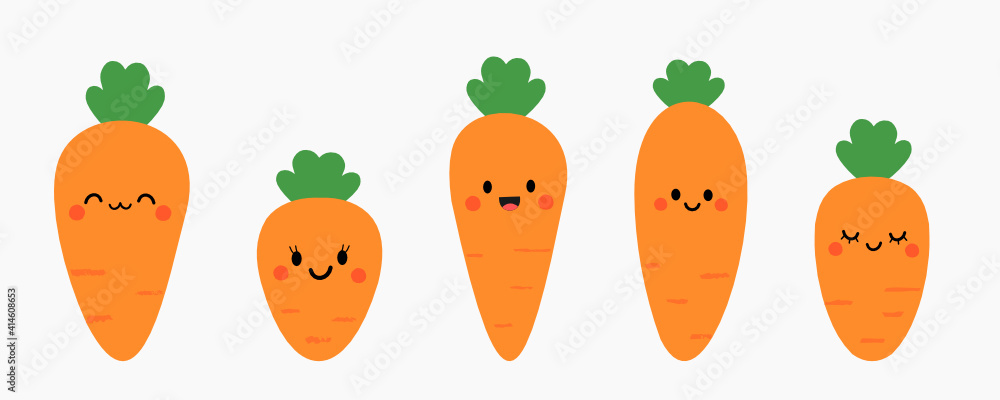 Set of cartoon carrots on white background vector illustration. Cute cartoon vegetable.