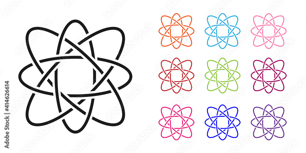 白色背景上孤立的黑色原子图标。科学、教育、核物理、科学家的象征