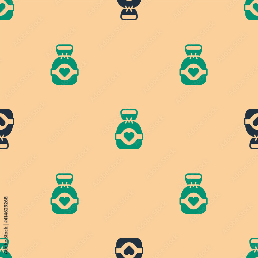 Green and black Chocolate candy icon isolated seamless pattern on beige background. Vector.