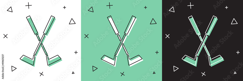 Set Crossed golf club icon isolated on white and green, black background. Vector.