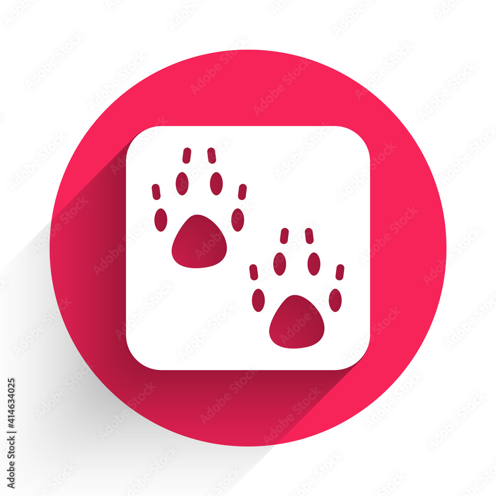 White Paw print icon isolated with long shadow. Dog or cat paw print. Animal track. Red circle butto