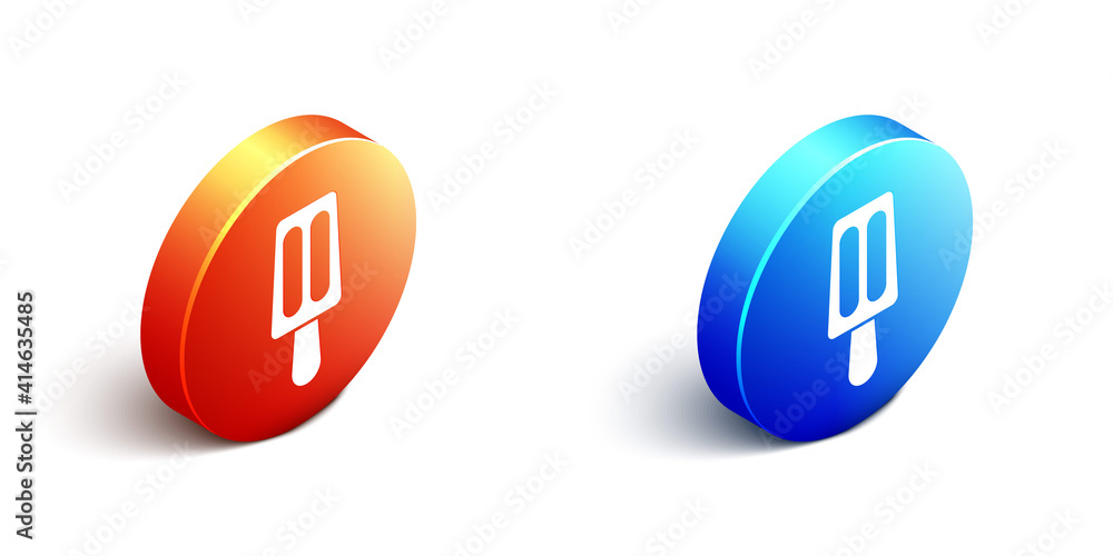 Isometric Ice cream on stick icon isolated on white background. Sweet symbol. Orange and blue circle