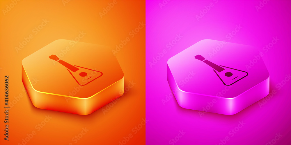 Isometric Guitar icon isolated on orange and pink background. Acoustic guitar. String musical instru