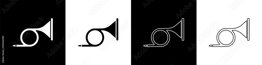 Set Musical instrument trumpet icon isolated on black and white background. Vector.