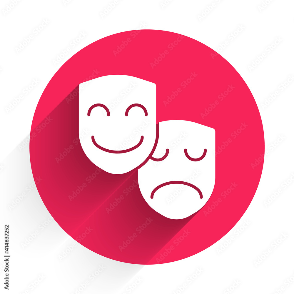 White Comedy and tragedy theatrical masks icon isolated with long shadow. Red circle button. Vector.