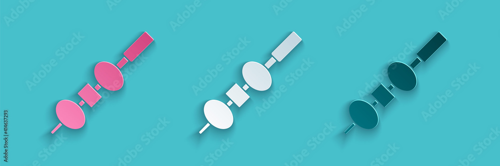 Paper cut Olive and cheese on chopstick icon isolated on blue background. Canape, tapas with cheese 