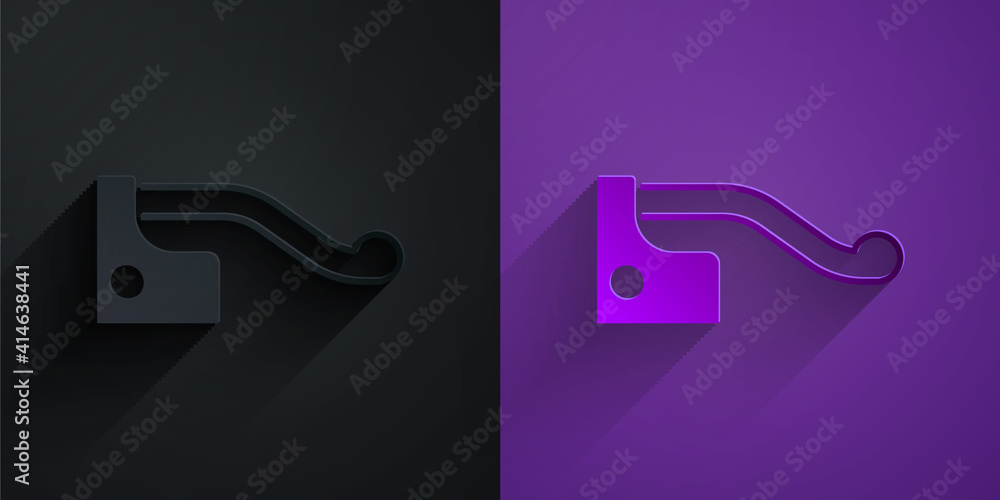 Paper cut Bicycle brake icon isolated on black on purple background. Paper art style. Vector.