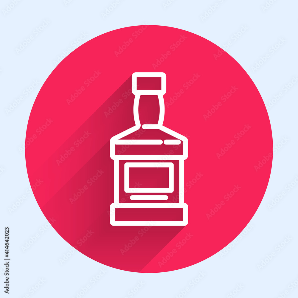 White line Whiskey bottle icon isolated with long shadow. Red circle button. Vector.