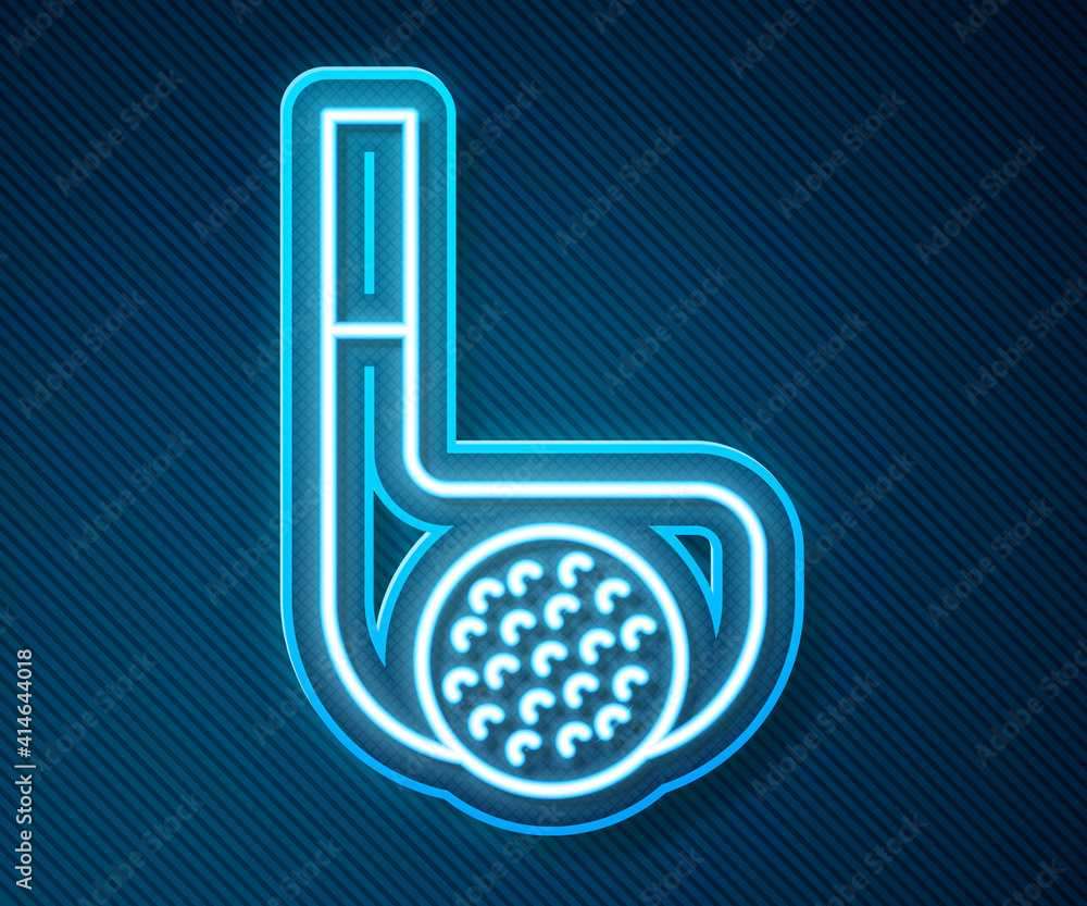 Glowing neon line Golf club with ball icon isolated on blue background. Vector.