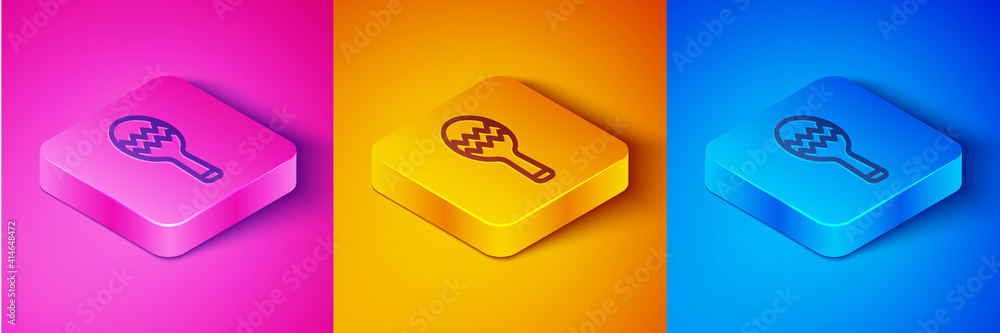 Isometric line Maracas icon isolated on pink and orange, blue background. Music maracas instrument m