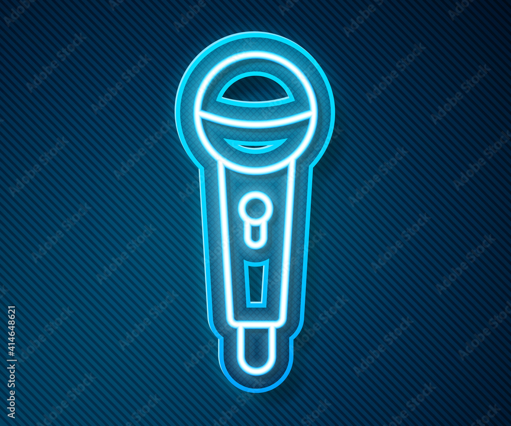 Glowing neon line Microphone icon isolated on blue background. On air radio mic microphone. Speaker 