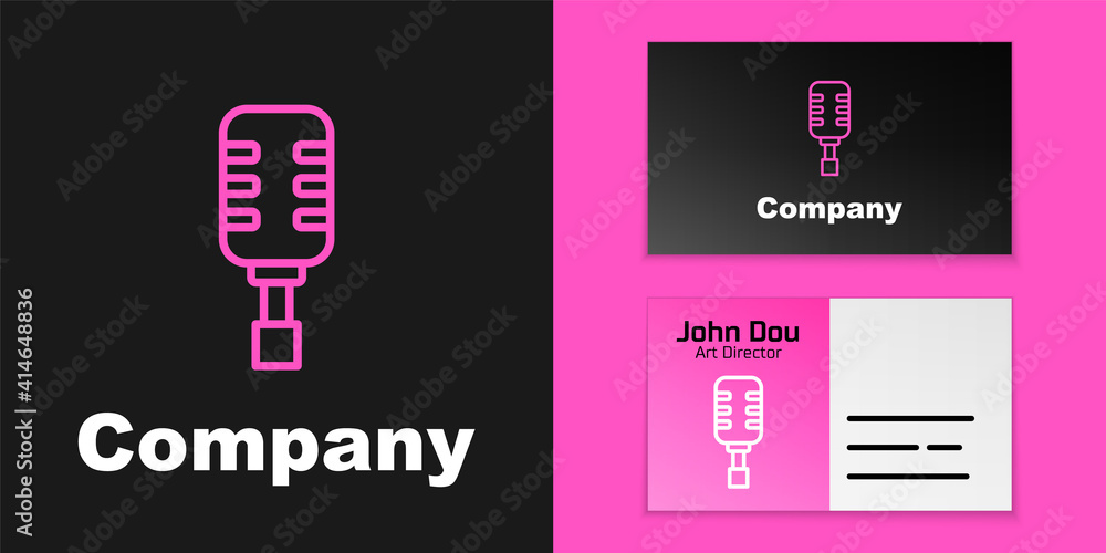 Pink line Microphone icon isolated on black background. On air radio mic microphone. Speaker sign. L