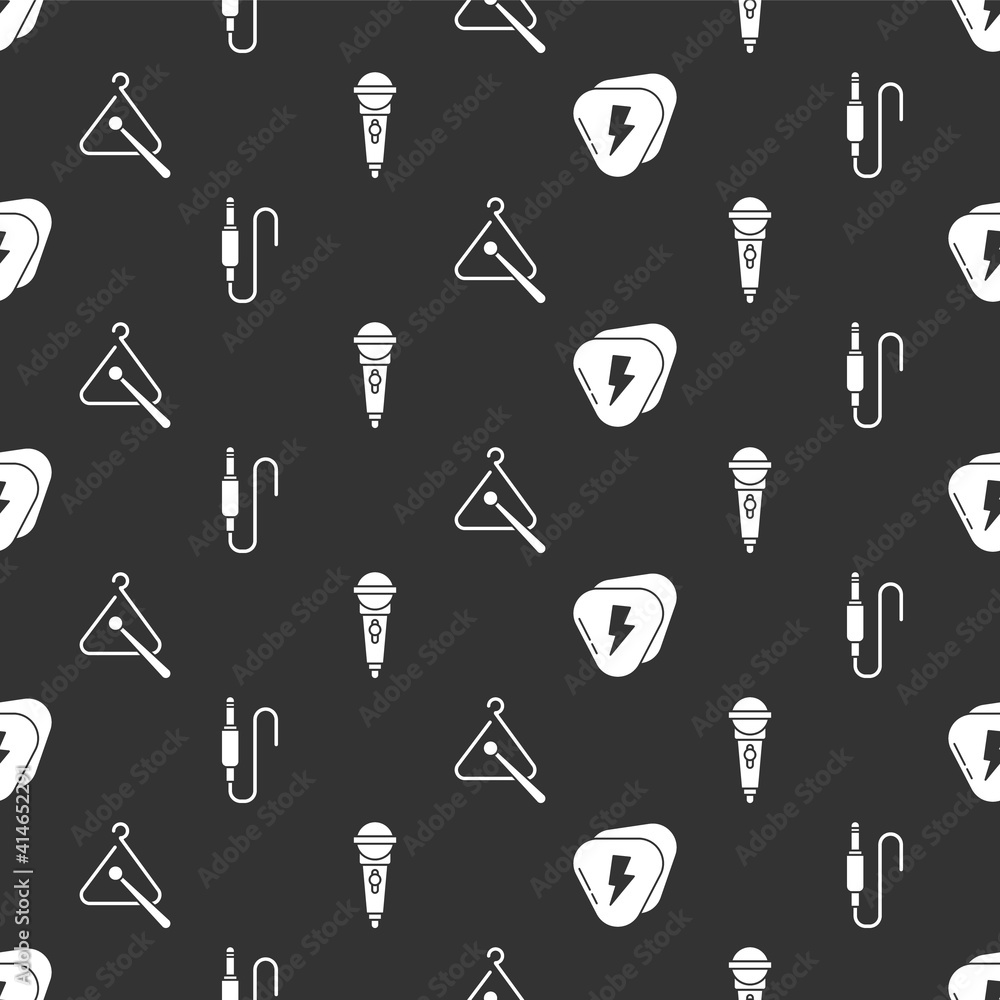 Set Guitar pick, Audio jack, Triangle musical instrument and Microphone on seamless pattern. Vector.