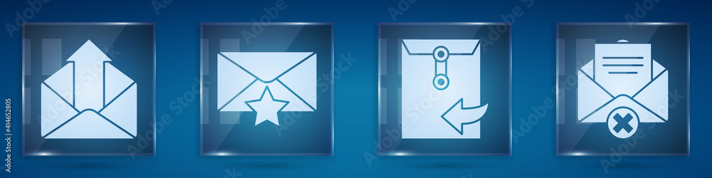 Set Outgoing mail, Envelope with star, Envelope and Delete envelope. Square glass panels. Vector.