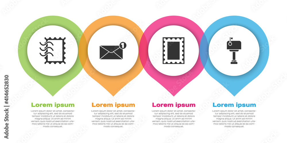 设置邮政印章、信封、邮政印章和邮箱。商业信息图模板。矢量。