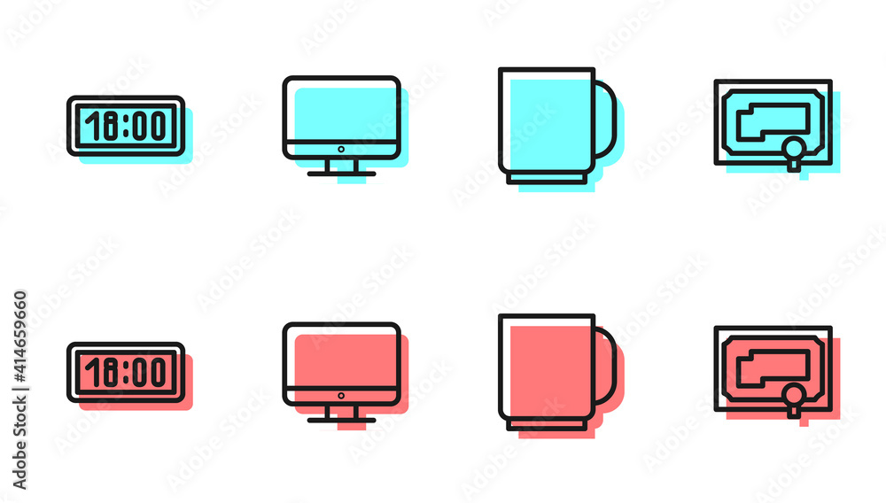设置线咖啡杯、数字闹钟、计算机监视器屏幕和证书模板图标。Vec