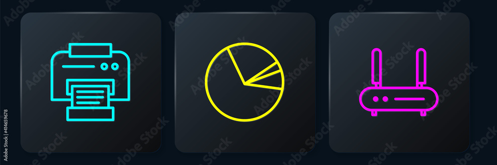 设置行式打印机、路由器和wi-fi信号以及饼图信息图。黑色方形按钮。矢量。