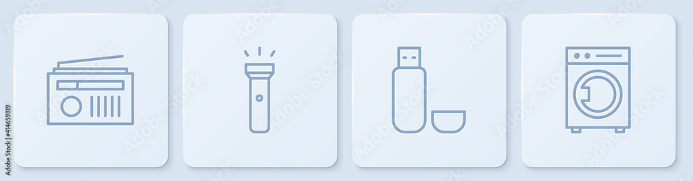 Set line Radio with antenna, USB flash drive, Flashlight and Washer. White square button. Vector.