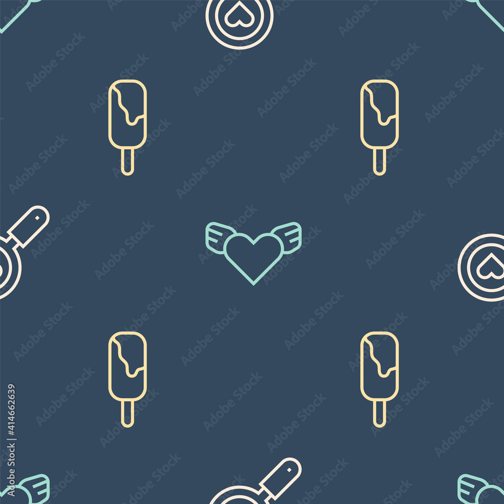 Set line Search heart and love, Ice cream and Heart with wings on seamless pattern. Vector.